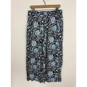 Tahari 100% Linen Blue Floral Wide Leg Pants Size Large